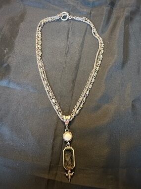 Extasia Signed Victorian Intaglio Figural Necklace Multi-Strand Pearl Fob Drop